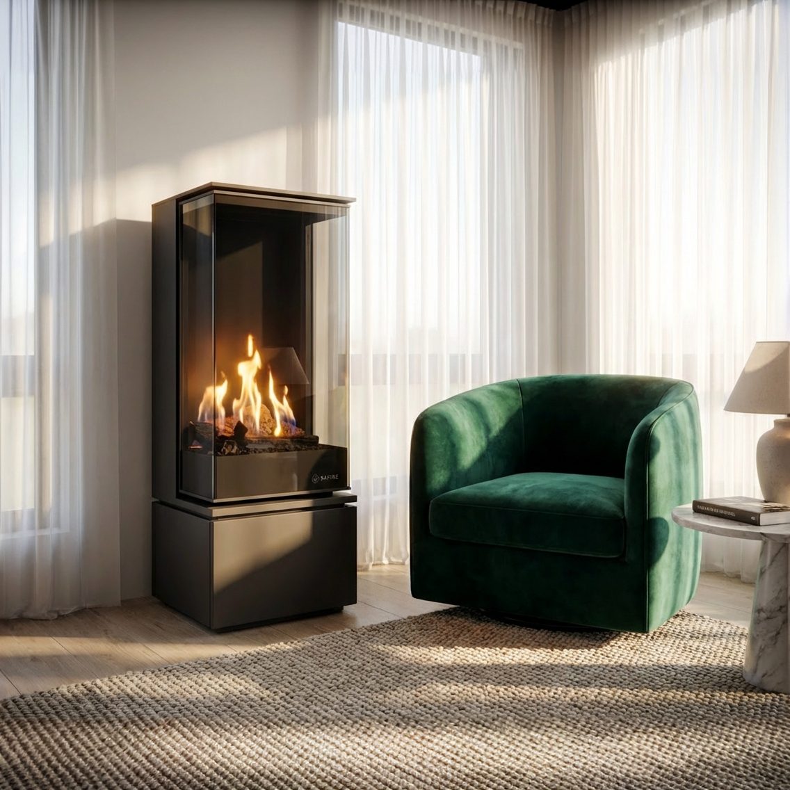 Modern flueless gas fireplace with vibrant flames warming a contemporary South African living room